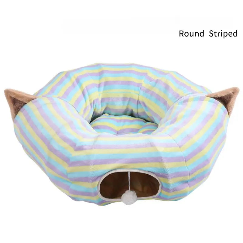 Cat Half-Circle Straight Striped Donut Tunnel Bed with Washable Cushion - Indoor Peekaboo Cave Toy, Calming Pet Accessory for Autumn Winter Use, Perfect under Christmas Tree