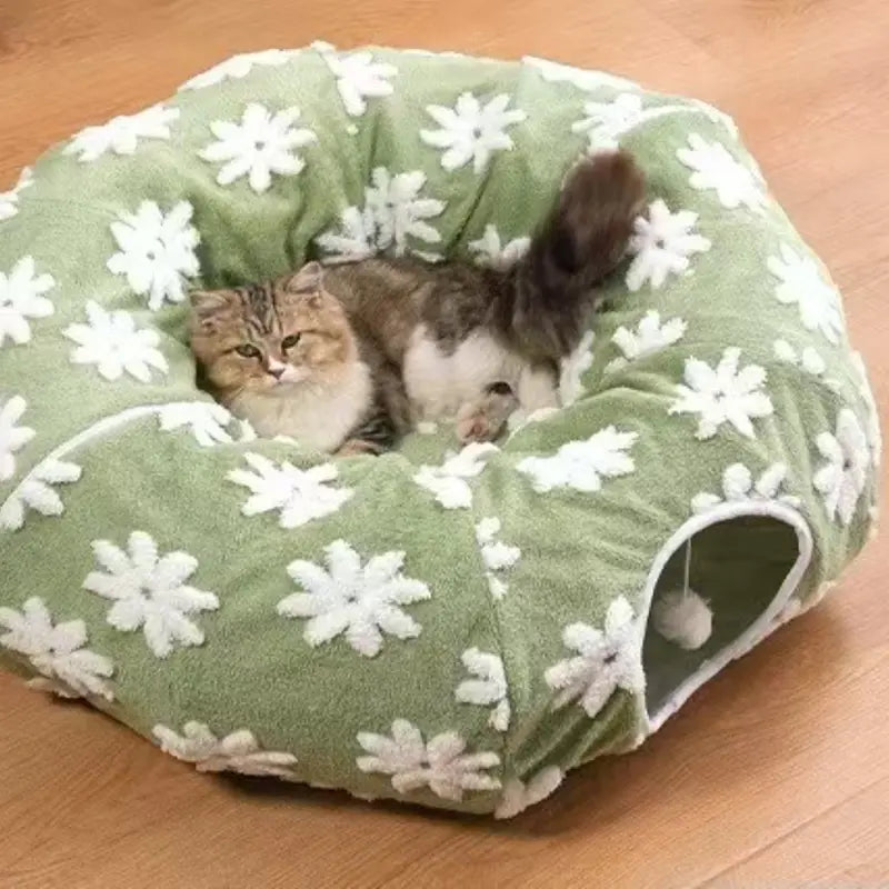 Plush Fabric round Cat-Shaped Donut Pet Play Tunnel - Circle Form, Warm, Cozy, Secure Sleep Animal Blanket Home Calming Accessory with Circle Cushion for Indoor Cats (Green, Brown, Blue)