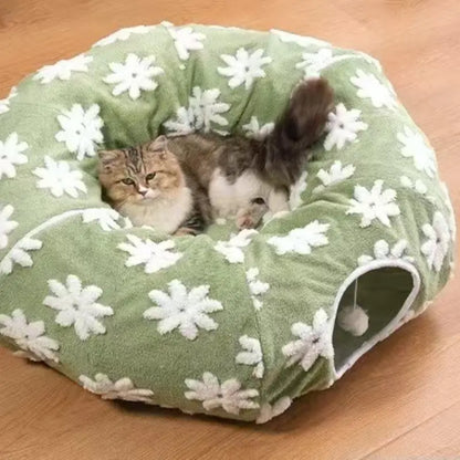 Plush Fabric round Cat-Shaped Donut Pet Play Tunnel - Circle Form, Warm, Cozy, Secure Sleep Animal Blanket Home Calming Accessory with Circle Cushion for Indoor Cats (Green, Brown, Blue)