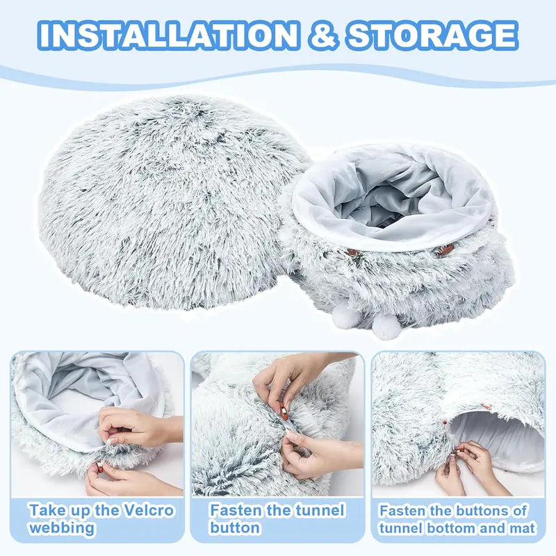 Plush Cat Tunnel Bed for Indoor Cats - Collapsible Donut Tunnel with Central Mat - Fluffy Cave with Hanging Ball Calming Kittens