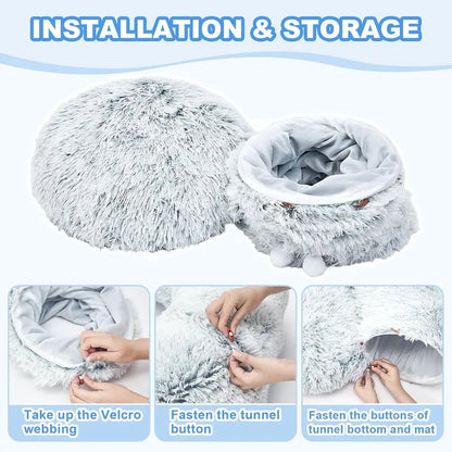 Plush Cat Tunnel Bed for Indoor Cats - Collapsible Donut Tunnel with Central Mat - Fluffy Cave with Hanging Ball Calming Kittens