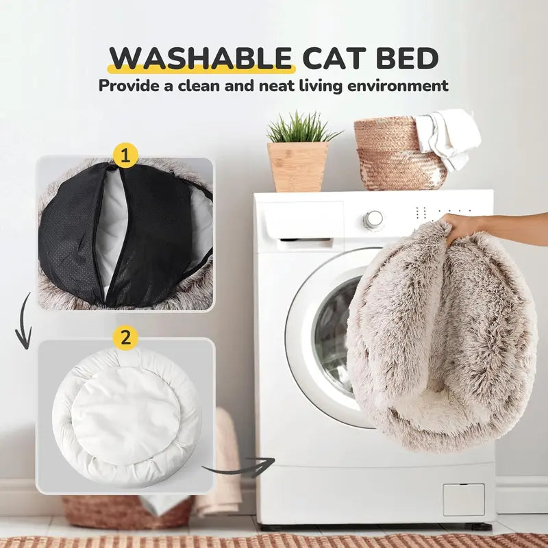CATISM Plush Hooded Cat Bed, Calming Nest, Self-Warming Cave, Cozy Pod for Indoor Cats or Small Dogs, Removable Washable Cove with Non-Slip Bottom