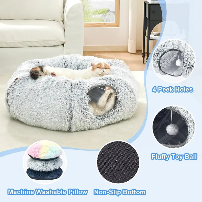 Plush Cat Tunnel Bed for Indoor Cats - Collapsible Donut Tunnel with Central Mat - Fluffy Cave with Hanging Ball Calming Kittens