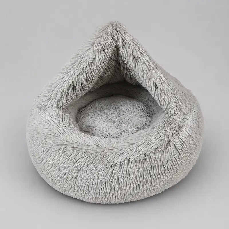 Hooded Donut Dog Bed & Cat Bed | Calming Pet Bed with Blanket - Luna/Grey