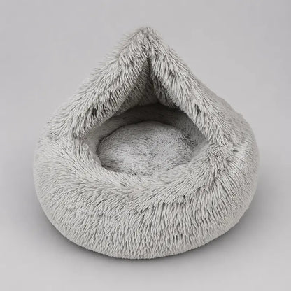 Hooded Donut Dog Bed & Cat Bed | Calming Pet Bed with Blanket - Luna/Grey