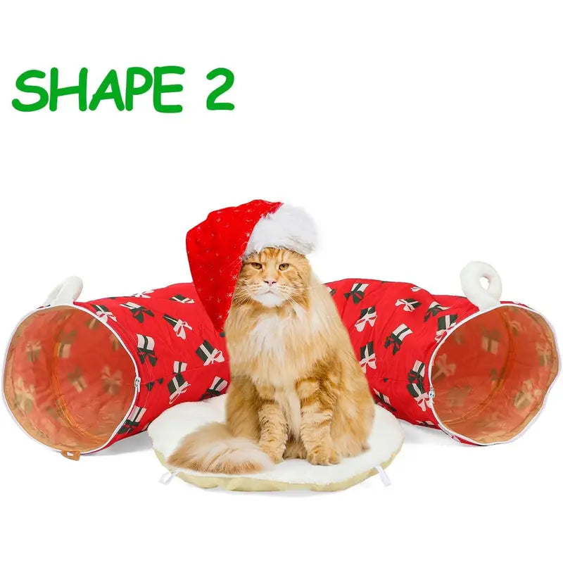 LUCKITTY Christmas Warm Fluffy Plush Cat Dog Tunnel Bed with Washable Cushion- Big Tube Playground Toys 3 FT Diameter Collapsible, for Indoor Cat Kitty Kitten Puppy Rabbit Ferret, Green Red