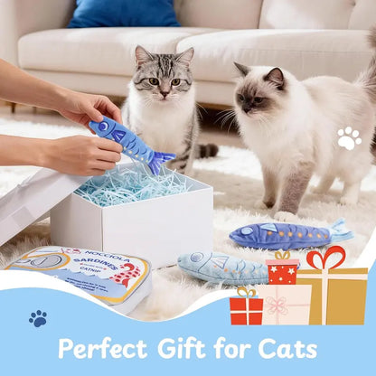 Nocciola 3-Pack Plush Fish Catnip Toys - Animal Print, Crazy Crinkle Sound Layer, Premium Herb, Interactive Chew, Bunny-Kick Ready, Can Pouch Stores Neatly for Indoor Cats (Playful, Reduces Boredom, Ideal for Holidays)