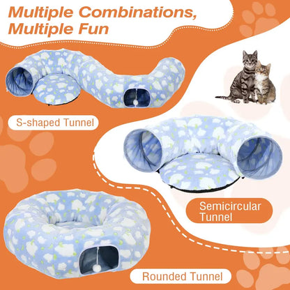 35'' Plush Fabric Cat Tunnel Bed for Indoor Cats - Christmas Themed, Foldable Storage Peekaboo Hole Cave, Interactive Play Toy with Tree Skirt, Chase Fun Ball, Circle Cushion, Cozy Nap Spot