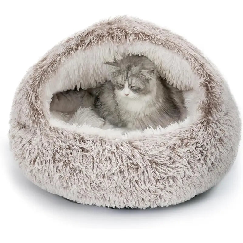 CATISM Plush Hooded Cat Bed, Calming Nest, Self-Warming Cave, Cozy Pod for Indoor Cats or Small Dogs, Removable Washable Cove with Non-Slip Bottom