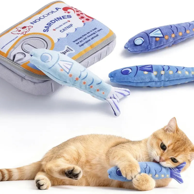 Nocciola 3-Pack Plush Fish Catnip Toys - Animal Print, Crazy Crinkle Sound Layer, Premium Herb, Interactive Chew, Bunny-Kick Ready, Can Pouch Stores Neatly for Indoor Cats (Playful, Reduces Boredom, Ideal for Holidays)