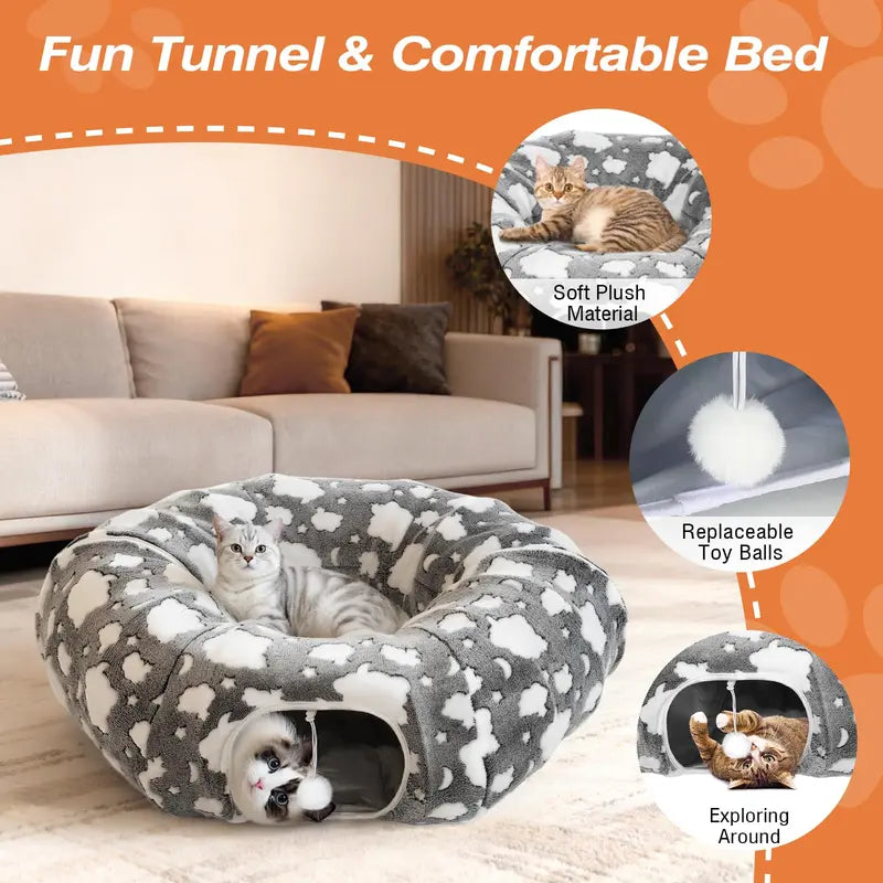 35'' Plush Fabric Cat Tunnel Bed for Indoor Cats - Christmas Themed, Foldable Storage Peekaboo Hole Cave, Interactive Play Toy with Tree Skirt, Chase Fun Ball, Circle Cushion, Cozy Nap Spot