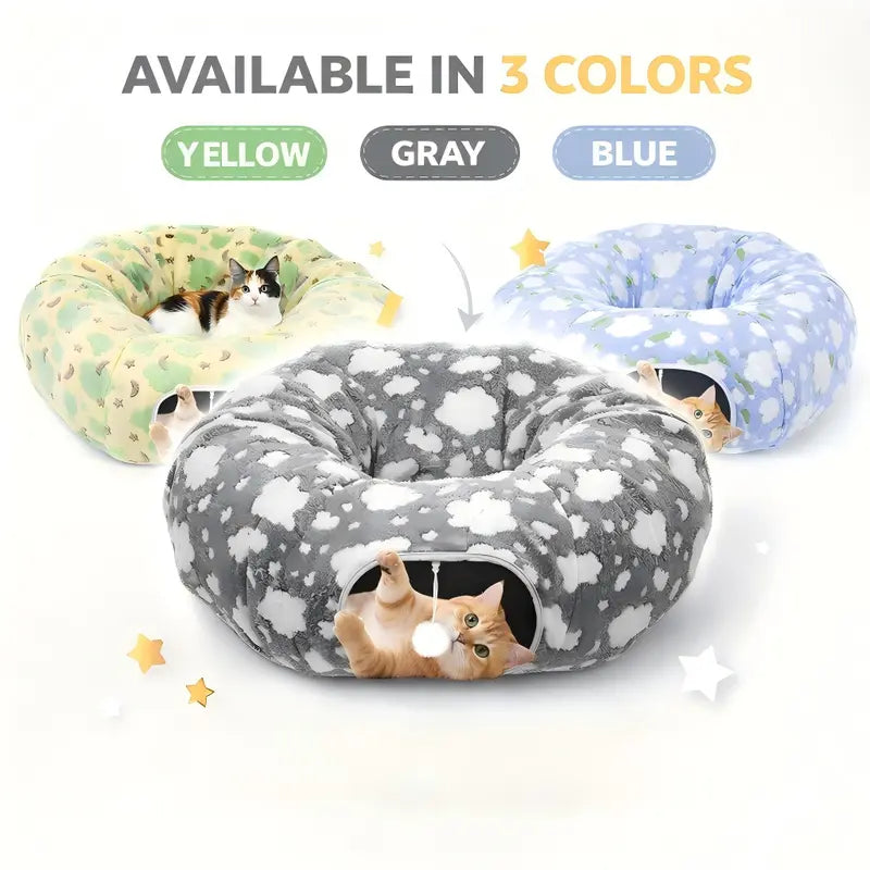 35'' Plush Fabric Cat Tunnel Bed for Indoor Cats - Christmas Themed, Foldable Storage Peekaboo Hole Cave, Interactive Play Toy with Tree Skirt, Chase Fun Ball, Circle Cushion, Cozy Nap Spot