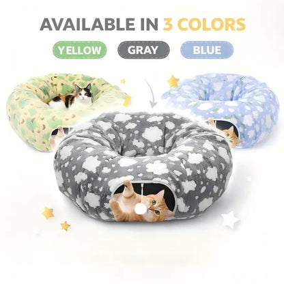35'' Plush Fabric Cat Tunnel Bed for Indoor Cats - Christmas Themed, Foldable Storage Peekaboo Hole Cave, Interactive Play Toy with Tree Skirt, Chase Fun Ball, Circle Cushion, Cozy Nap Spot