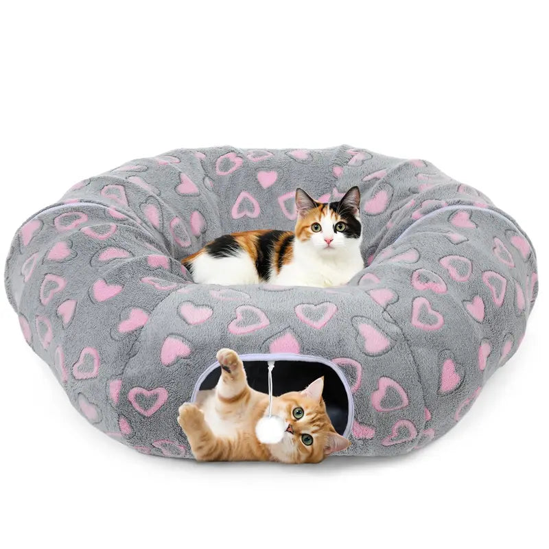 35'' Plush Fabric Cat Tunnel Bed for Indoor Cats - Christmas Themed, Foldable Storage Peekaboo Hole Cave, Interactive Play Toy with Tree Skirt, Chase Fun Ball, Circle Cushion, Cozy Nap Spot