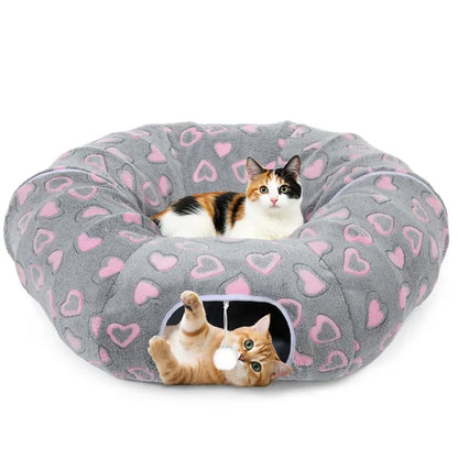 35'' Plush Fabric Cat Tunnel Bed for Indoor Cats - Christmas Themed, Foldable Storage Peekaboo Hole Cave, Interactive Play Toy with Tree Skirt, Chase Fun Ball, Circle Cushion, Cozy Nap Spot