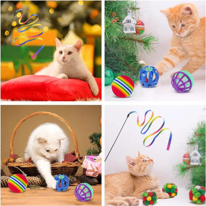 24Pcs Colorful Cartoon Cat Toy Set - Polypropylene 2-Way Interactive Tunnel with Memory Steel Frame, Feathers, Ribbon Flutter Tease, Bell Ball - Stimulating Training for Kittens, Universal Birthday Gift