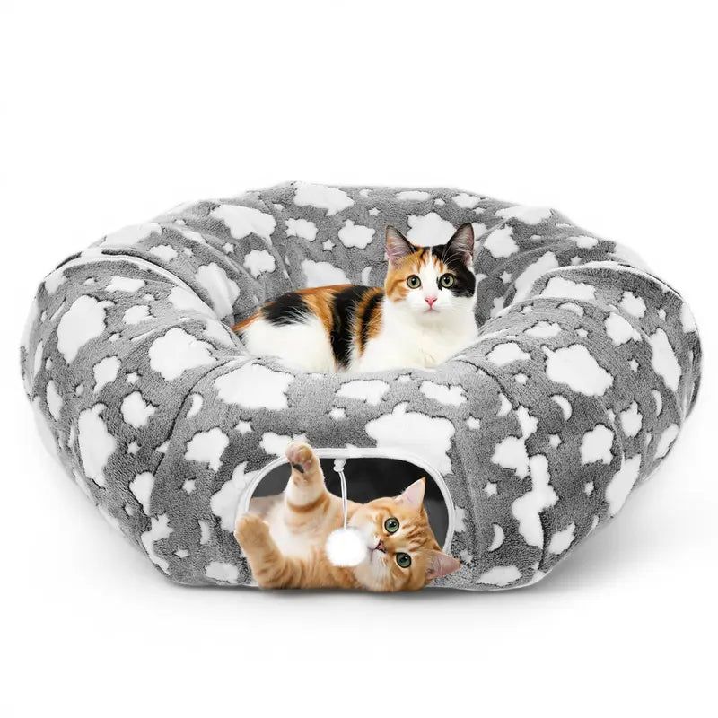 35'' Plush Fabric Cat Tunnel Bed for Indoor Cats - Christmas Themed, Foldable Storage Peekaboo Hole Cave, Interactive Play Toy with Tree Skirt, Chase Fun Ball, Circle Cushion, Cozy Nap Spot