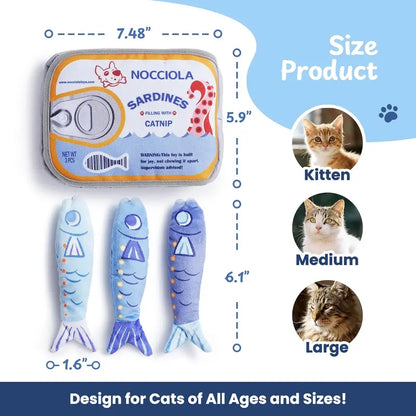 Nocciola 3-Pack Plush Fish Catnip Toys - Animal Print, Crazy Crinkle Sound Layer, Premium Herb, Interactive Chew, Bunny-Kick Ready, Can Pouch Stores Neatly for Indoor Cats (Playful, Reduces Boredom, Ideal for Holidays)
