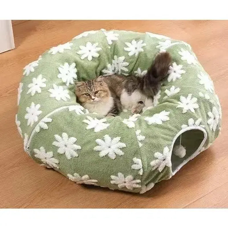 Plush Fabric round Cat-Shaped Donut Pet Play Tunnel - Circle Form, Warm, Cozy, Secure Sleep Animal Blanket Home Calming Accessory with Circle Cushion for Indoor Cats (Green, Brown, Blue)