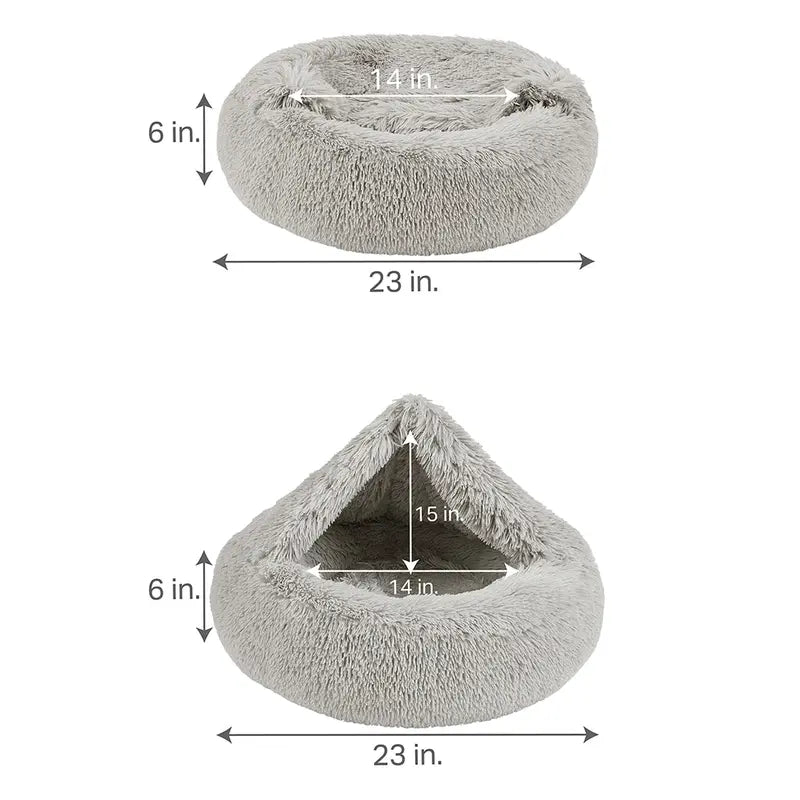 Hooded Donut Dog Bed & Cat Bed | Calming Pet Bed with Blanket - Luna/Grey