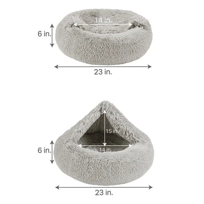 Hooded Donut Dog Bed & Cat Bed | Calming Pet Bed with Blanket - Luna/Grey
