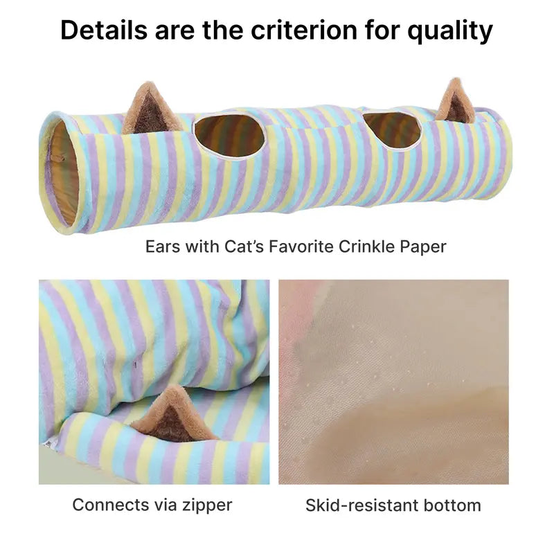 Cat Half-Circle Straight Striped Donut Tunnel Bed with Washable Cushion - Indoor Peekaboo Cave Toy, Calming Pet Accessory for Autumn Winter Use, Perfect under Christmas Tree