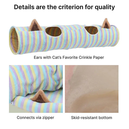Cat Half-Circle Straight Striped Donut Tunnel Bed with Washable Cushion - Indoor Peekaboo Cave Toy, Calming Pet Accessory for Autumn Winter Use, Perfect under Christmas Tree