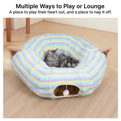 Cat Half-Circle Straight Striped Donut Tunnel Bed with Washable Cushion - Indoor Peekaboo Cave Toy, Calming Pet Accessory for Autumn Winter Use, Perfect under Christmas Tree