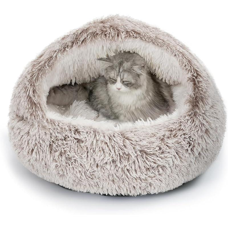 CATISM Plush Hooded Cat Bed, Calming Nest, Self-Warming Cave, Cozy Pod for Indoor Cats or Small Dogs, Removable Washable Cove with Non-Slip Bottom