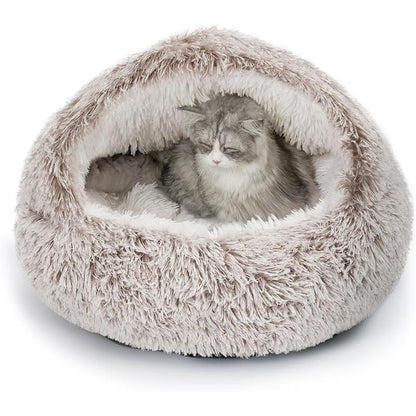 CATISM Plush Hooded Cat Bed, Calming Nest, Self-Warming Cave, Cozy Pod for Indoor Cats or Small Dogs, Removable Washable Cove with Non-Slip Bottom