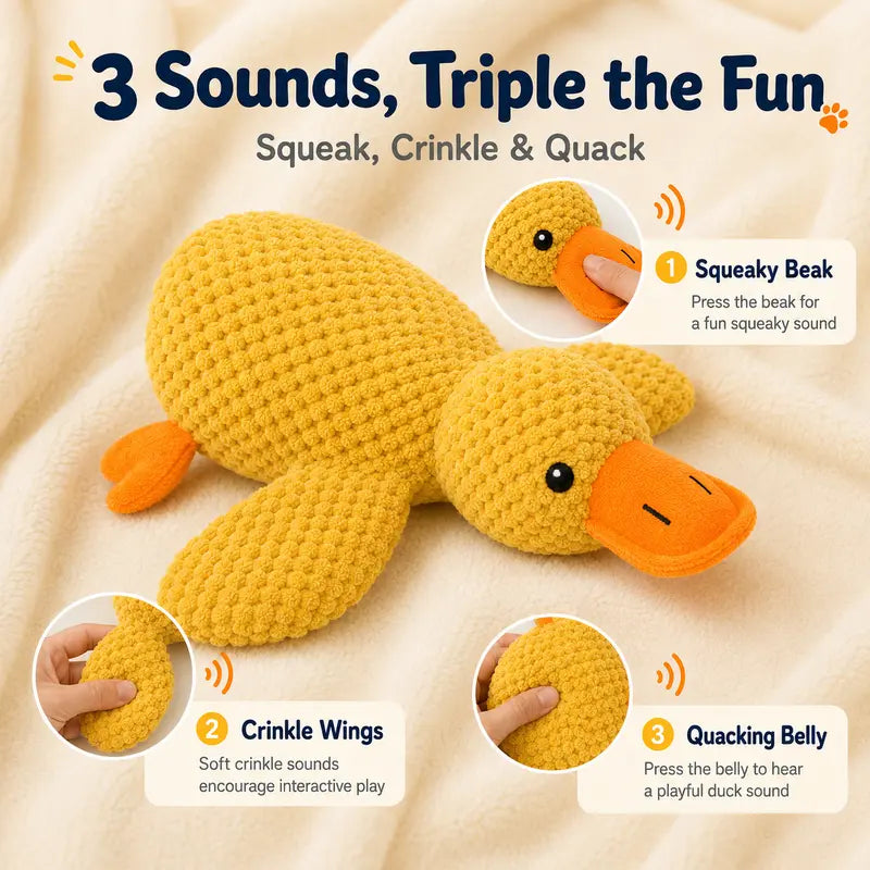 Pawviss Yellow Duck Dog Toy, Squeaky Plush Toy with Crinkle Wings and Quacking Sound, Soft Cuddly Comfort Toy for Interactive Play, Carrying and Snuggling, 11 Inch
