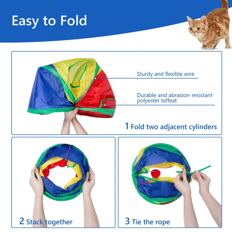 24Pcs Colorful Cartoon Cat Toy Set - Polypropylene 2-Way Interactive Tunnel with Memory Steel Frame, Feathers, Ribbon Flutter Tease, Bell Ball - Stimulating Training for Kittens, Universal Birthday Gift