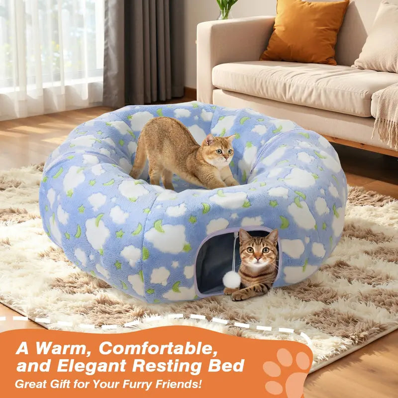 35'' Plush Fabric Cat Tunnel Bed for Indoor Cats - Christmas Themed, Foldable Storage Peekaboo Hole Cave, Interactive Play Toy with Tree Skirt, Chase Fun Ball, Circle Cushion, Cozy Nap Spot