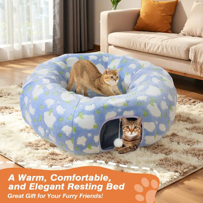 35'' Plush Fabric Cat Tunnel Bed for Indoor Cats - Christmas Themed, Foldable Storage Peekaboo Hole Cave, Interactive Play Toy with Tree Skirt, Chase Fun Ball, Circle Cushion, Cozy Nap Spot