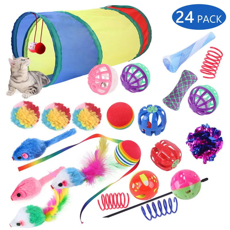 24Pcs Colorful Cartoon Cat Toy Set - Polypropylene 2-Way Interactive Tunnel with Memory Steel Frame, Feathers, Ribbon Flutter Tease, Bell Ball - Stimulating Training for Kittens, Universal Birthday Gift