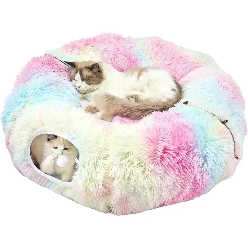 Plush Cat Tunnel Bed for Indoor Cats - Collapsible Donut Tunnel with Central Mat - Fluffy Cave with Hanging Ball Calming Kittens