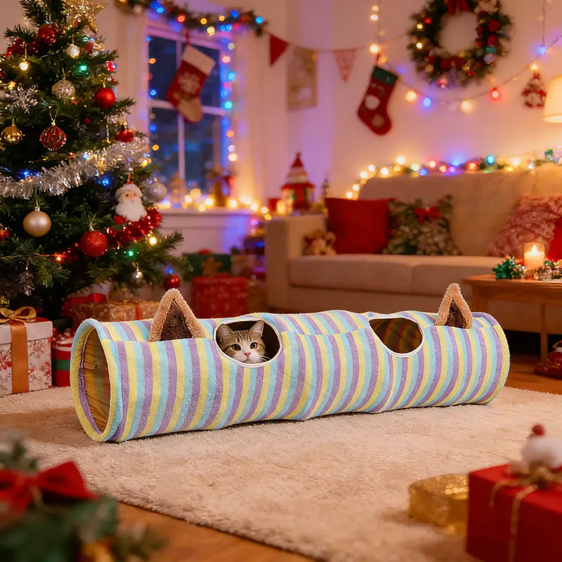 Cat Half-Circle Straight Striped Donut Tunnel Bed with Washable Cushion - Indoor Peekaboo Cave Toy, Calming Pet Accessory for Autumn Winter Use, Perfect under Christmas Tree