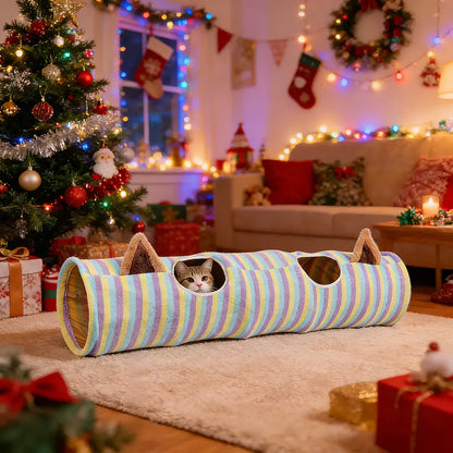 Cat Half-Circle Straight Striped Donut Tunnel Bed with Washable Cushion - Indoor Peekaboo Cave Toy, Calming Pet Accessory for Autumn Winter Use, Perfect under Christmas Tree