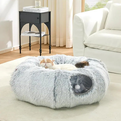 Plush Cat Tunnel Bed for Indoor Cats - Collapsible Donut Tunnel with Central Mat - Fluffy Cave with Hanging Ball Calming Kittens