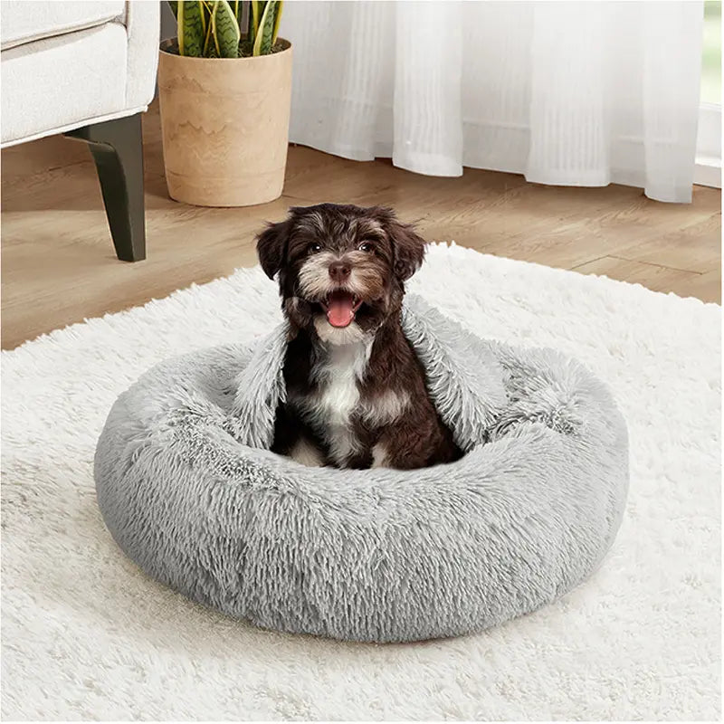 Hooded Donut Dog Bed & Cat Bed | Calming Pet Bed with Blanket - Luna/Grey