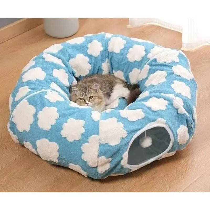 Plush Fabric round Cat-Shaped Donut Pet Play Tunnel - Circle Form, Warm, Cozy, Secure Sleep Animal Blanket Home Calming Accessory with Circle Cushion for Indoor Cats (Green, Brown, Blue)