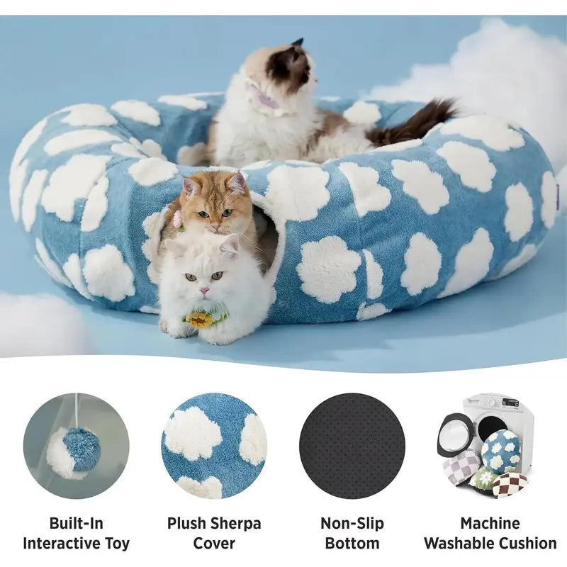 Plush Fabric round Cat-Shaped Donut Pet Play Tunnel - Circle Form, Warm, Cozy, Secure Sleep Animal Blanket Home Calming Accessory with Circle Cushion for Indoor Cats (Green, Brown, Blue)