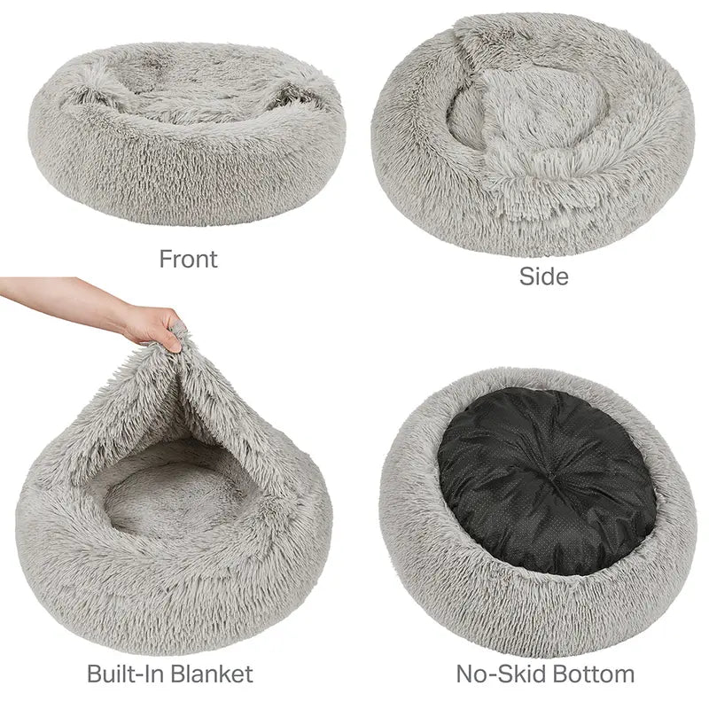 Hooded Donut Dog Bed & Cat Bed | Calming Pet Bed with Blanket - Luna/Grey