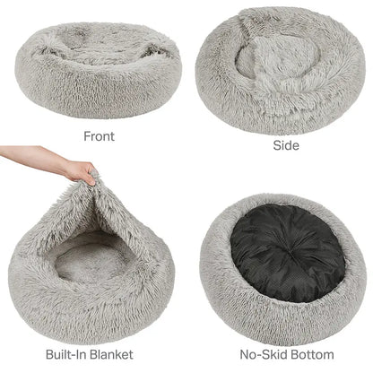 Hooded Donut Dog Bed & Cat Bed | Calming Pet Bed with Blanket - Luna/Grey