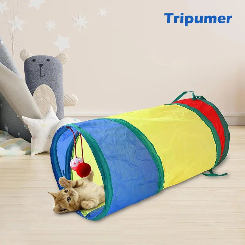 24Pcs Colorful Cartoon Cat Toy Set - Polypropylene 2-Way Interactive Tunnel with Memory Steel Frame, Feathers, Ribbon Flutter Tease, Bell Ball - Stimulating Training for Kittens, Universal Birthday Gift