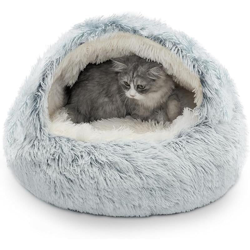 CATISM Plush Hooded Cat Bed, Calming Nest, Self-Warming Cave, Cozy Pod for Indoor Cats or Small Dogs, Removable Washable Cove with Non-Slip Bottom