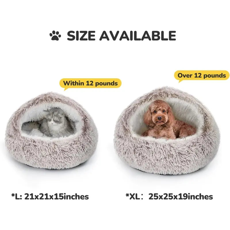 CATISM Plush Hooded Cat Bed, Calming Nest, Self-Warming Cave, Cozy Pod for Indoor Cats or Small Dogs, Removable Washable Cove with Non-Slip Bottom