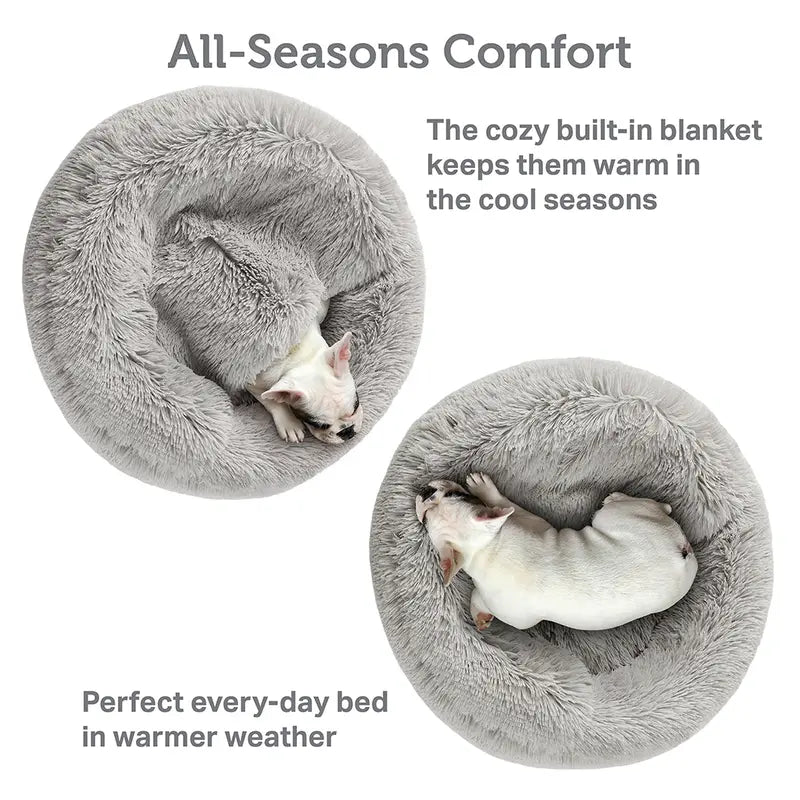 Hooded Donut Dog Bed & Cat Bed | Calming Pet Bed with Blanket - Luna/Grey