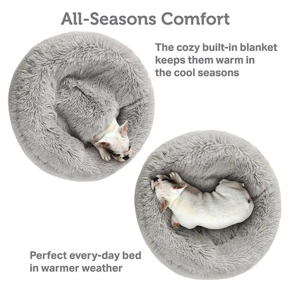 Hooded Donut Dog Bed & Cat Bed | Calming Pet Bed with Blanket - Luna/Grey