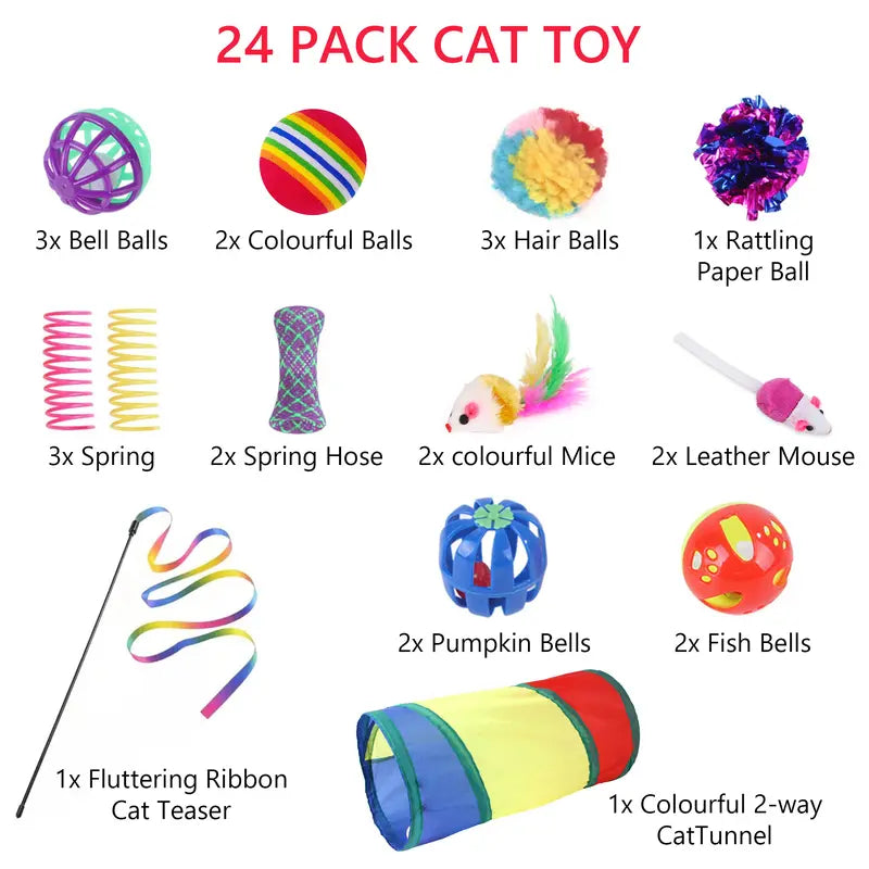 24Pcs Colorful Cartoon Cat Toy Set - Polypropylene 2-Way Interactive Tunnel with Memory Steel Frame, Feathers, Ribbon Flutter Tease, Bell Ball - Stimulating Training for Kittens, Universal Birthday Gift